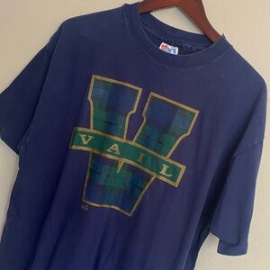 Hanes Beefy-T VTG Navy Vail Colorado “V” Plaid Graphic Short-Sleeve Tee. 1992 XL